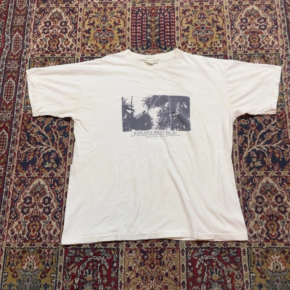 VTG Rare 90s Banana Republic Hawaii Palm Tree Graphic T-Shirt L Promo White USA